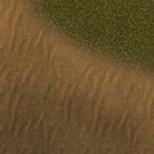 Close up of a generated sand beach with erosion streaks meeting grassland.