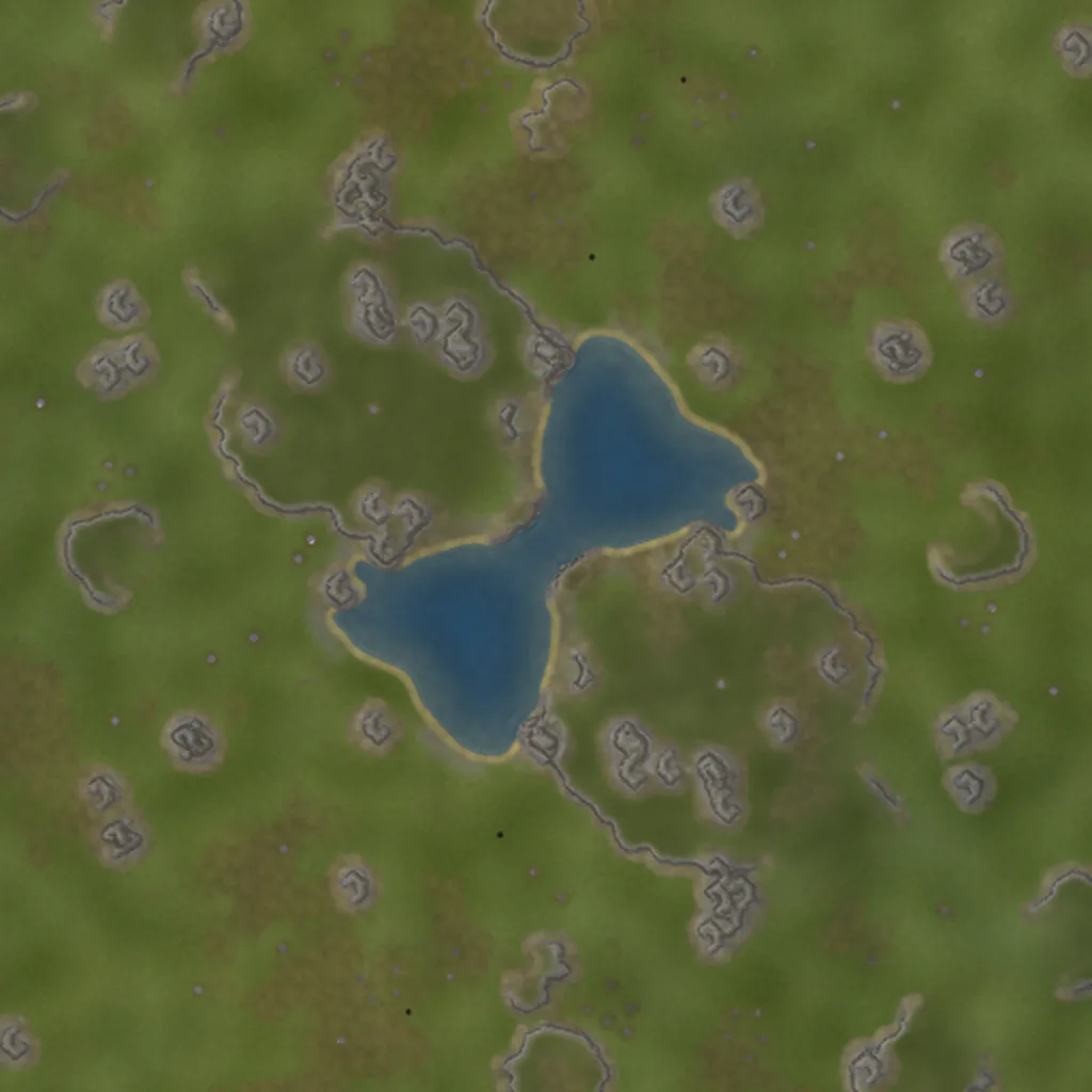 Overview of a generated 16x16 map with a two-lobed lake in the middle, rock outcrops and a sandy shoreline.