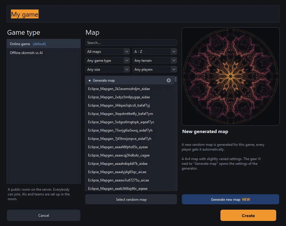 The Create game dialog with Online game and Offline skirmish options and a map list with Generate map at the top.