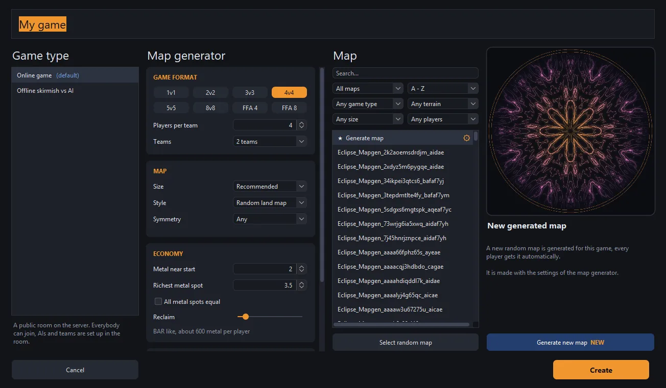 The Create game dialog with the map generator panel open, showing game format presets, players per team, teams, map size, style, symmetry, and economy settings for metal and reclaim.