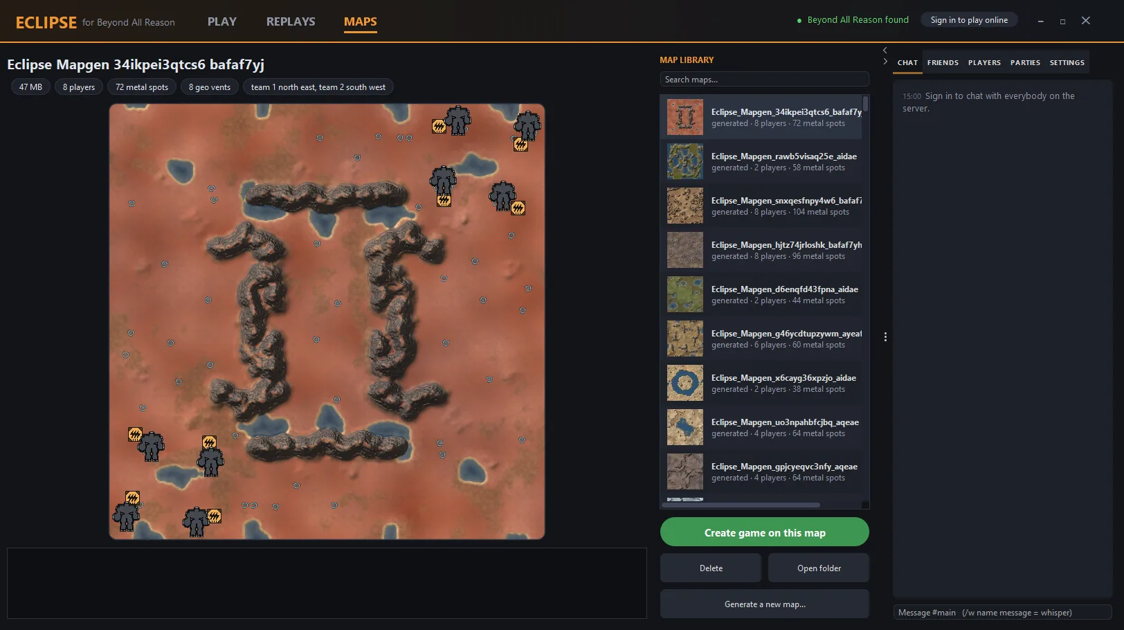 The Maps tab of Eclipse showing a generated 8 player map with start positions and metal spots drawn on it, next to a searchable map library.