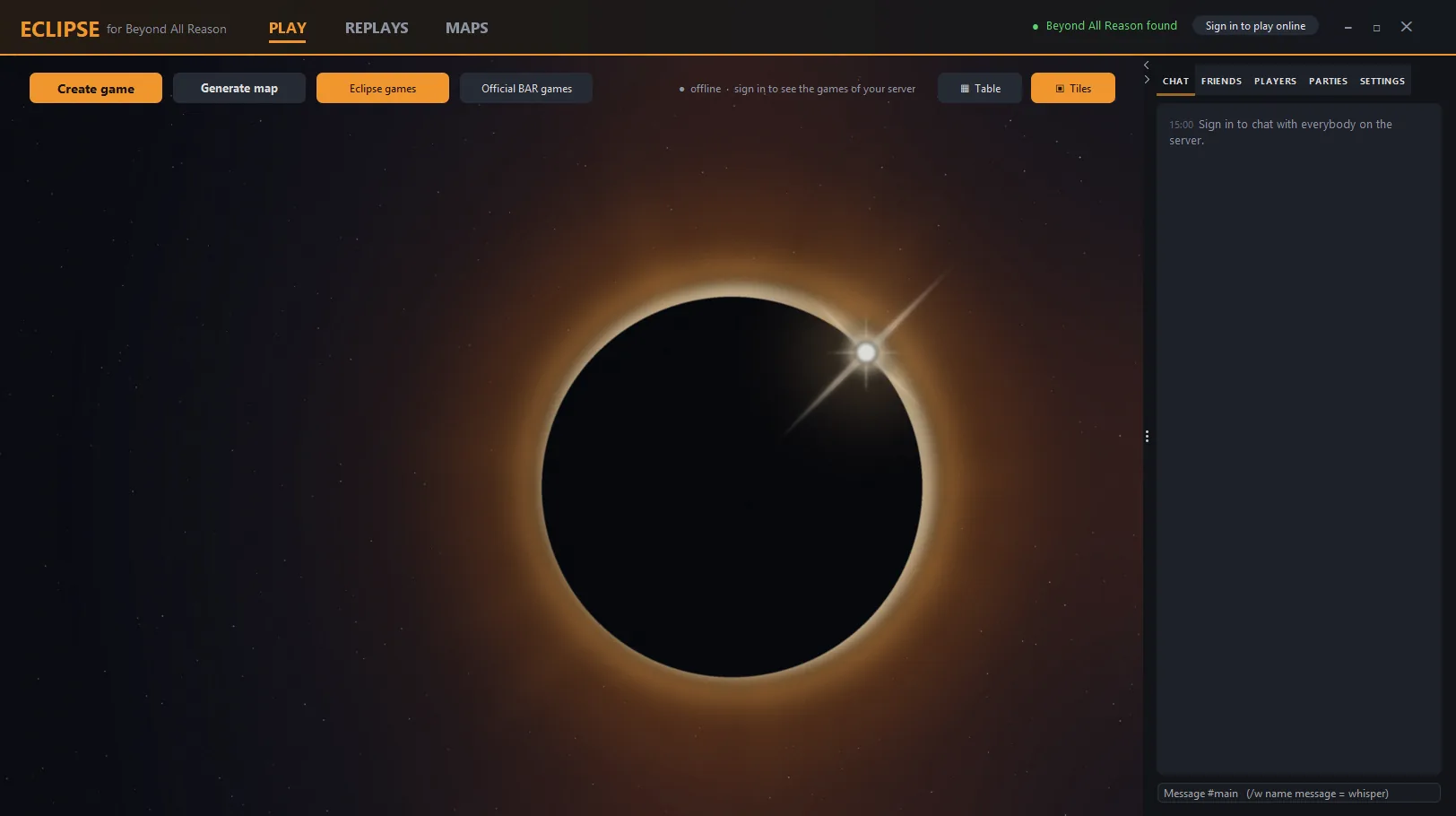 The Eclipse window on first start, showing the PLAY tab with Create game and Generate map buttons and a Beyond All Reason found indicator.